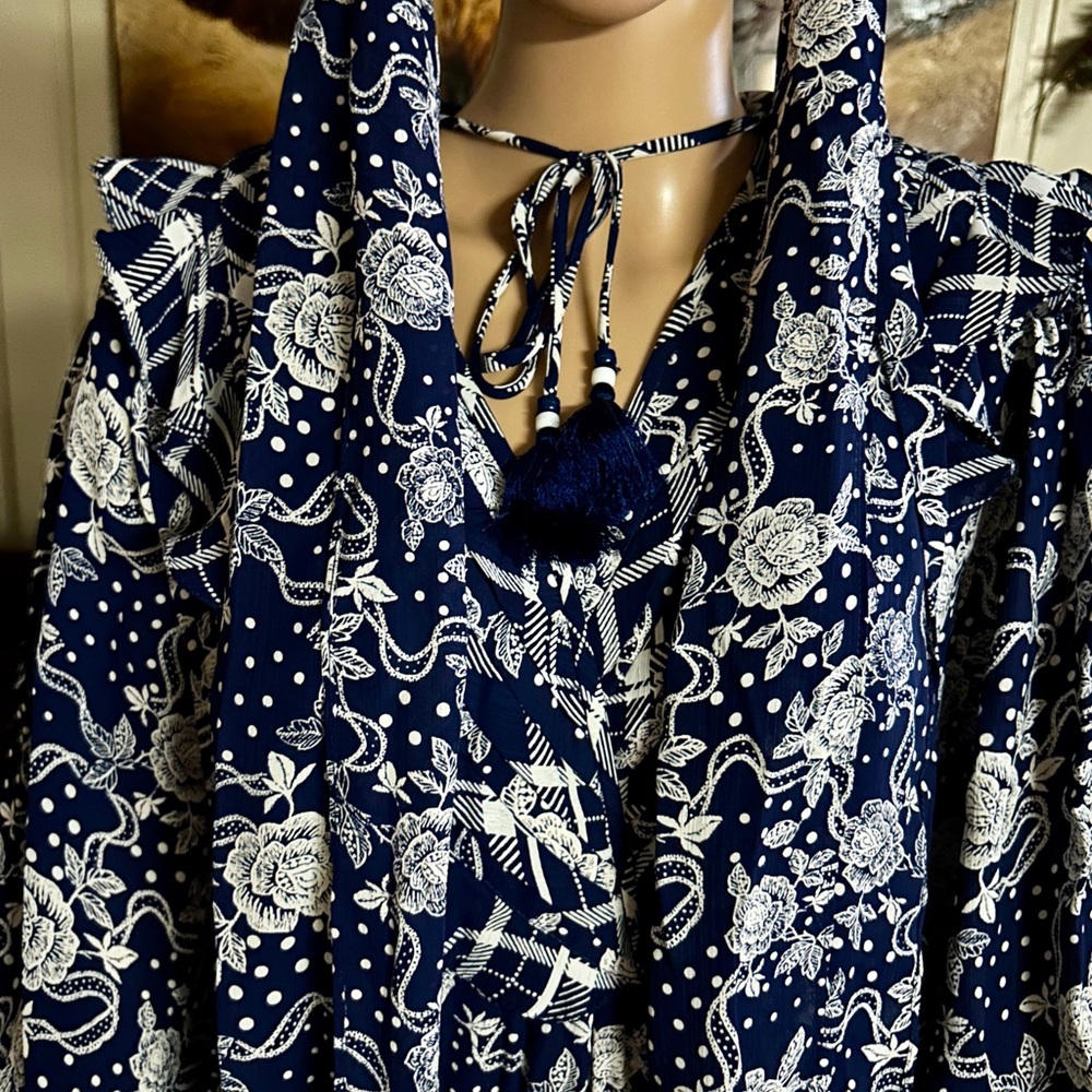 Diane Freis ~ Large ~ Vintage ~ Blue/White • Floral W/ Ruffles & Tie Boho Dress - Picture 6 of 16